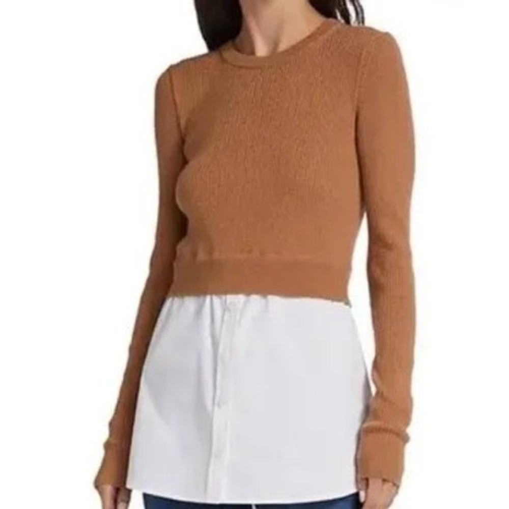 Veronica Beard Mixed Media Merino Wool Ribbed Sweater Camel White Size L